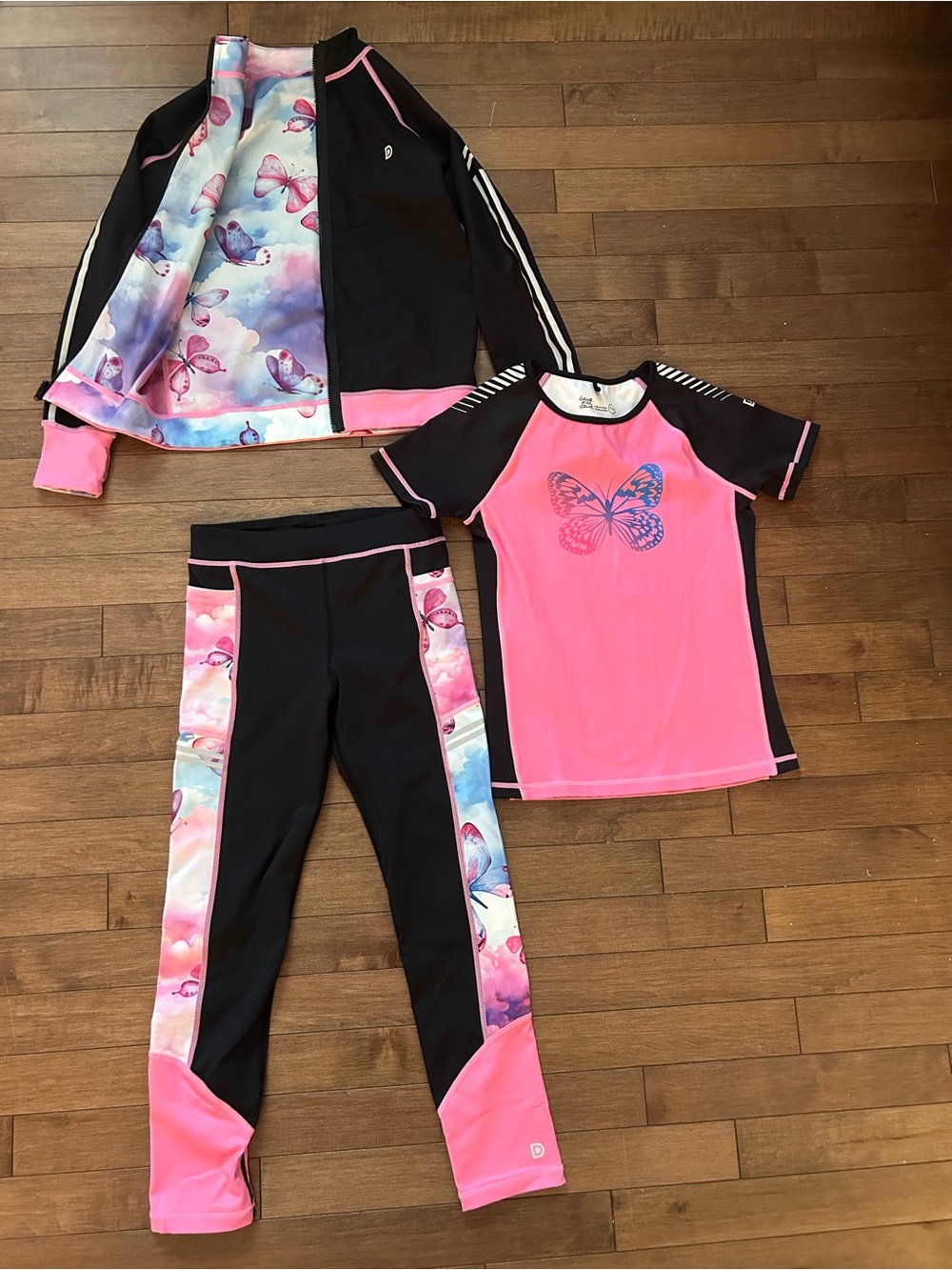deux par deux Pink & Black Butterfly activewear 3-Piece Set